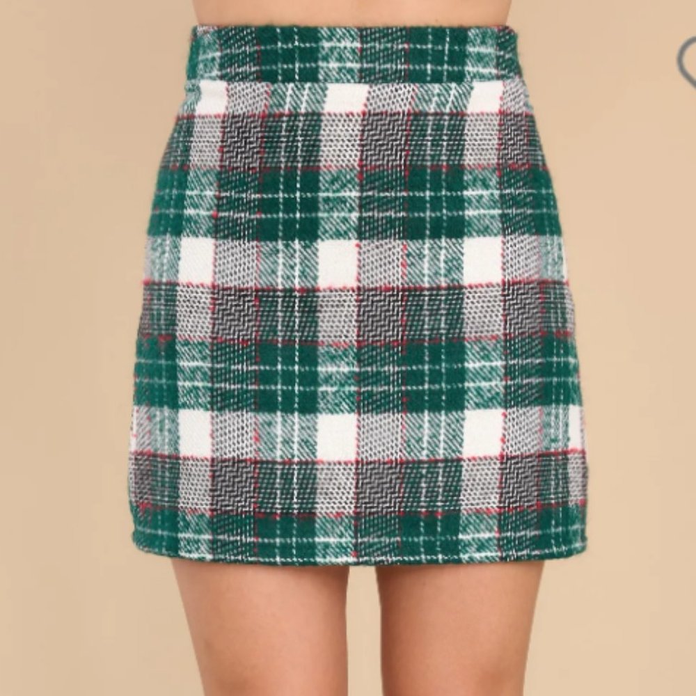 Red Dress Bouqieu News Flash Green Multi Plaid Skirt